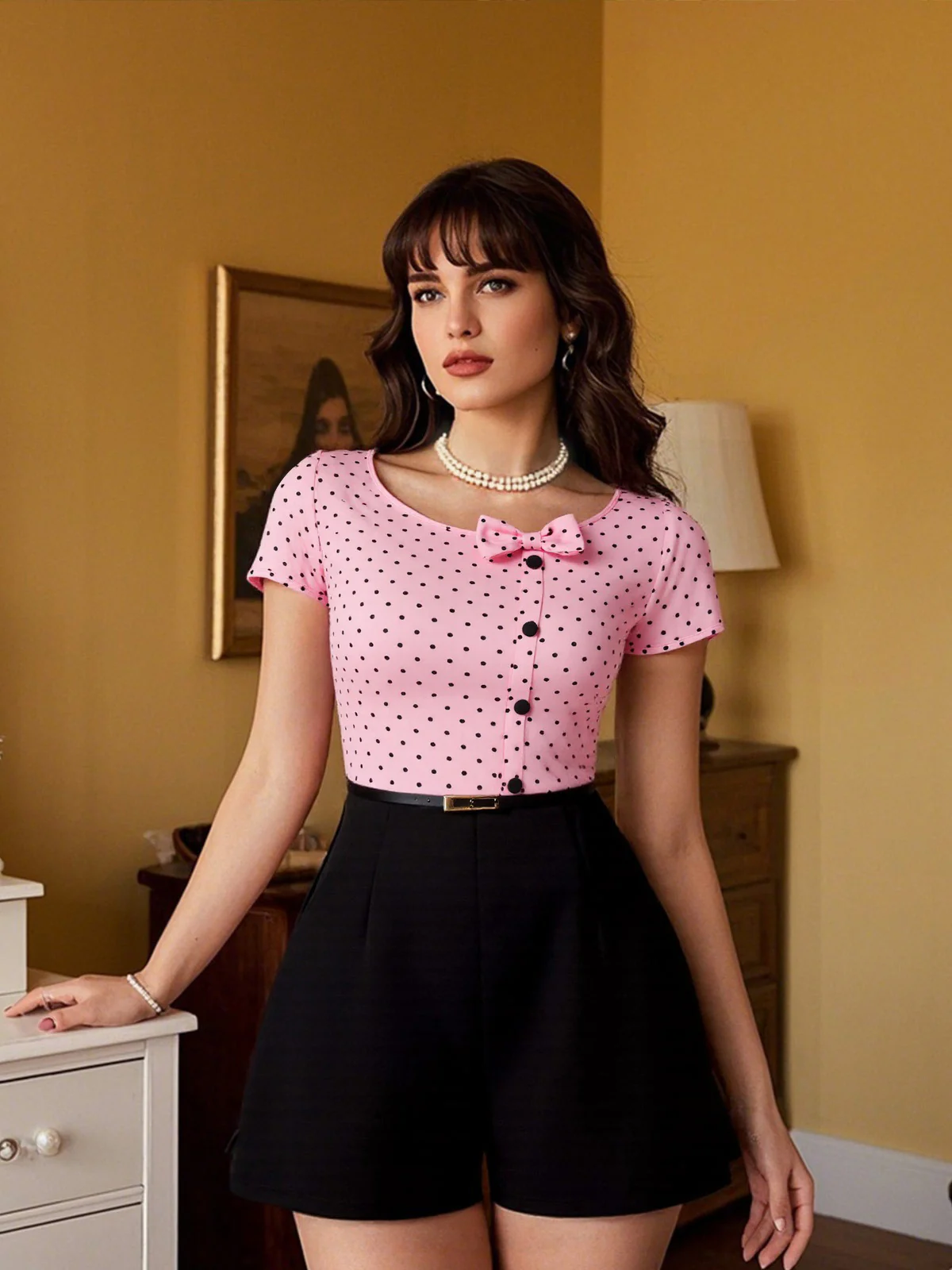 [Pre-Sale] Pink 1950s Polka Dot Bow Romper - Image 2