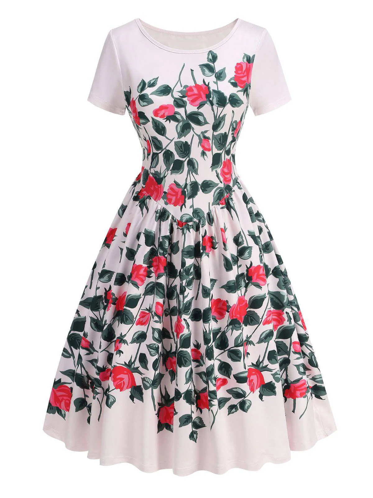 Pink 1950s Rose & Green Leaf Swing Dress - Image 2