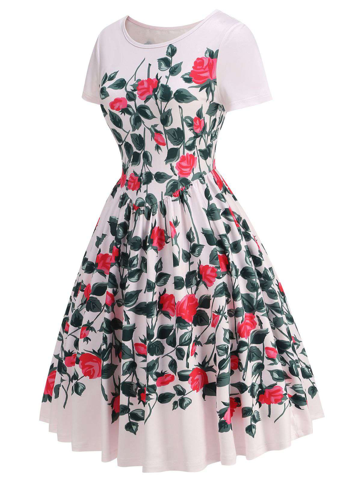 Pink 1950s Rose & Green Leaf Swing Dress - Image 3