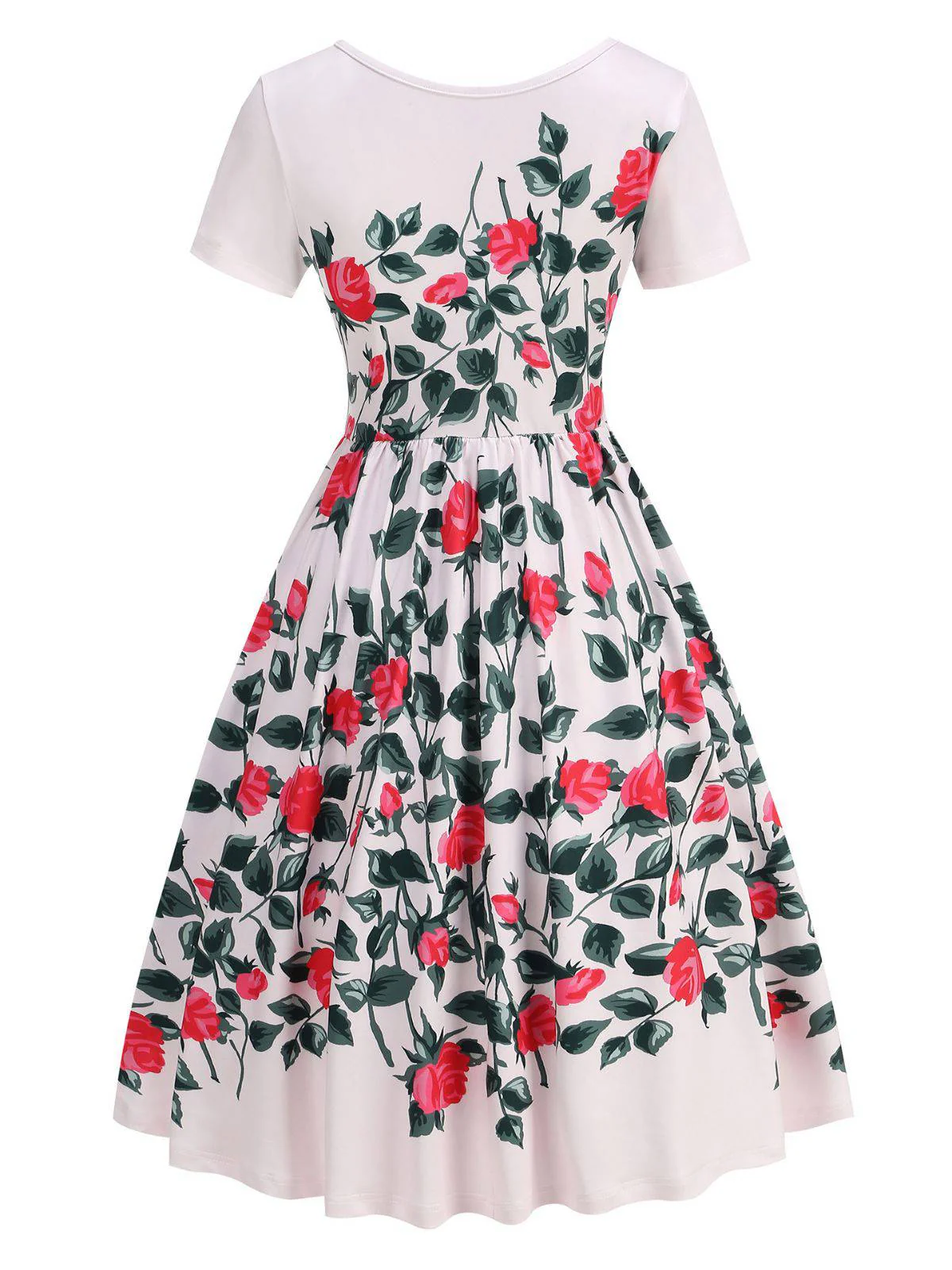 Pink 1950s Rose & Green Leaf Swing Dress - Image 4