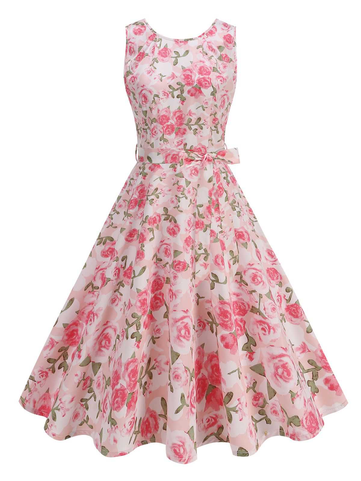 Pink 1950s Round Neck Roses Belted Dress - Image 2
