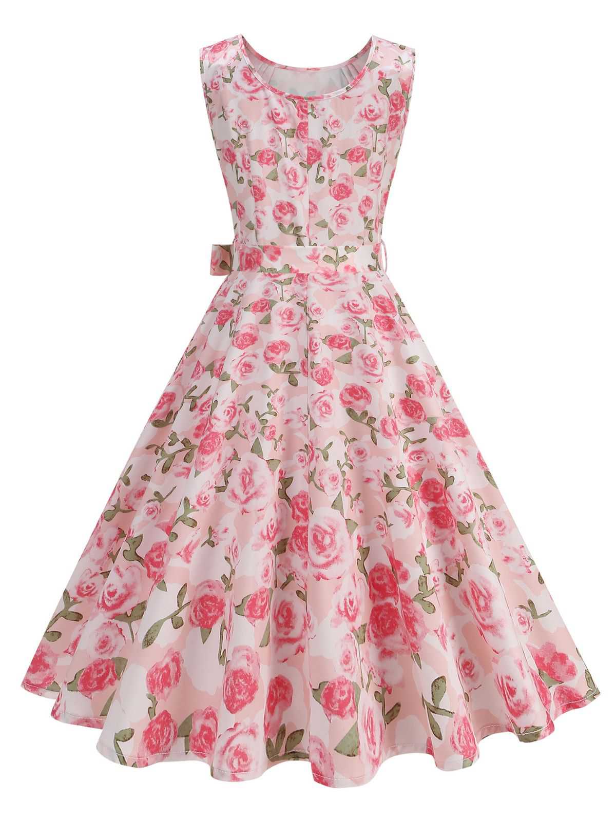Pink 1950s Round Neck Roses Belted Dress - Image 3
