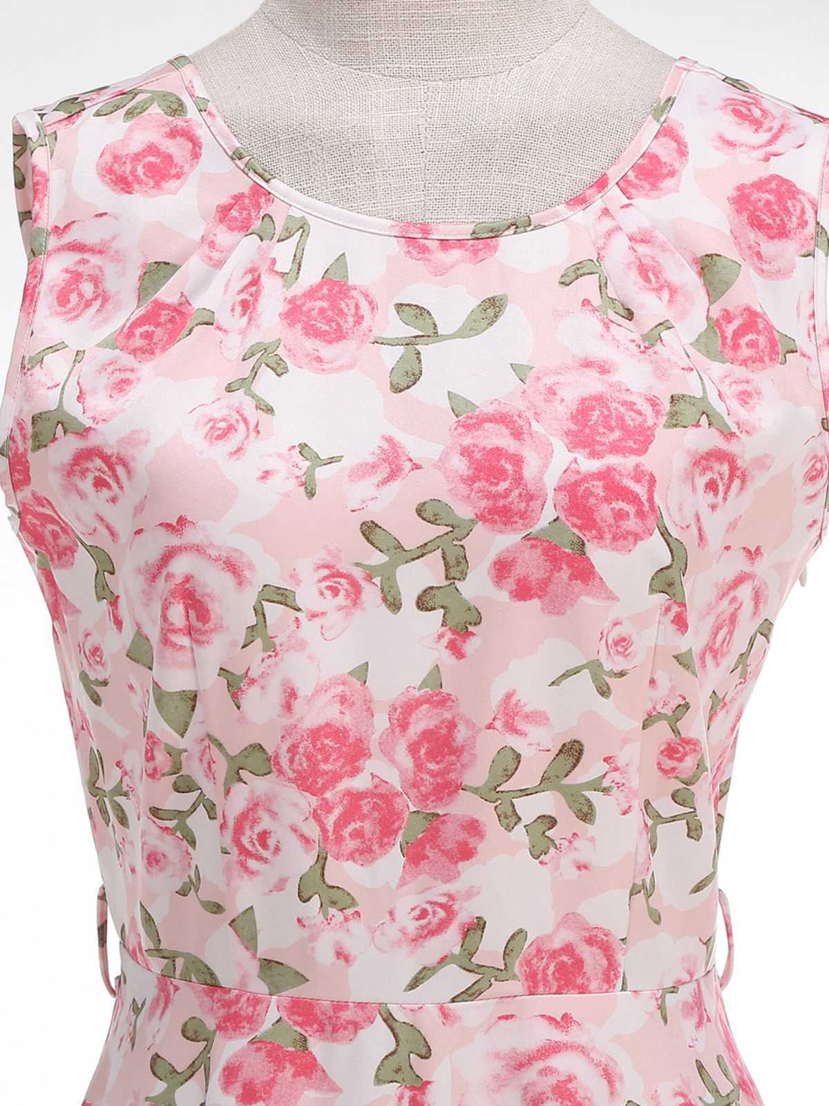 Pink 1950s Round Neck Roses Belted Dress - Image 4