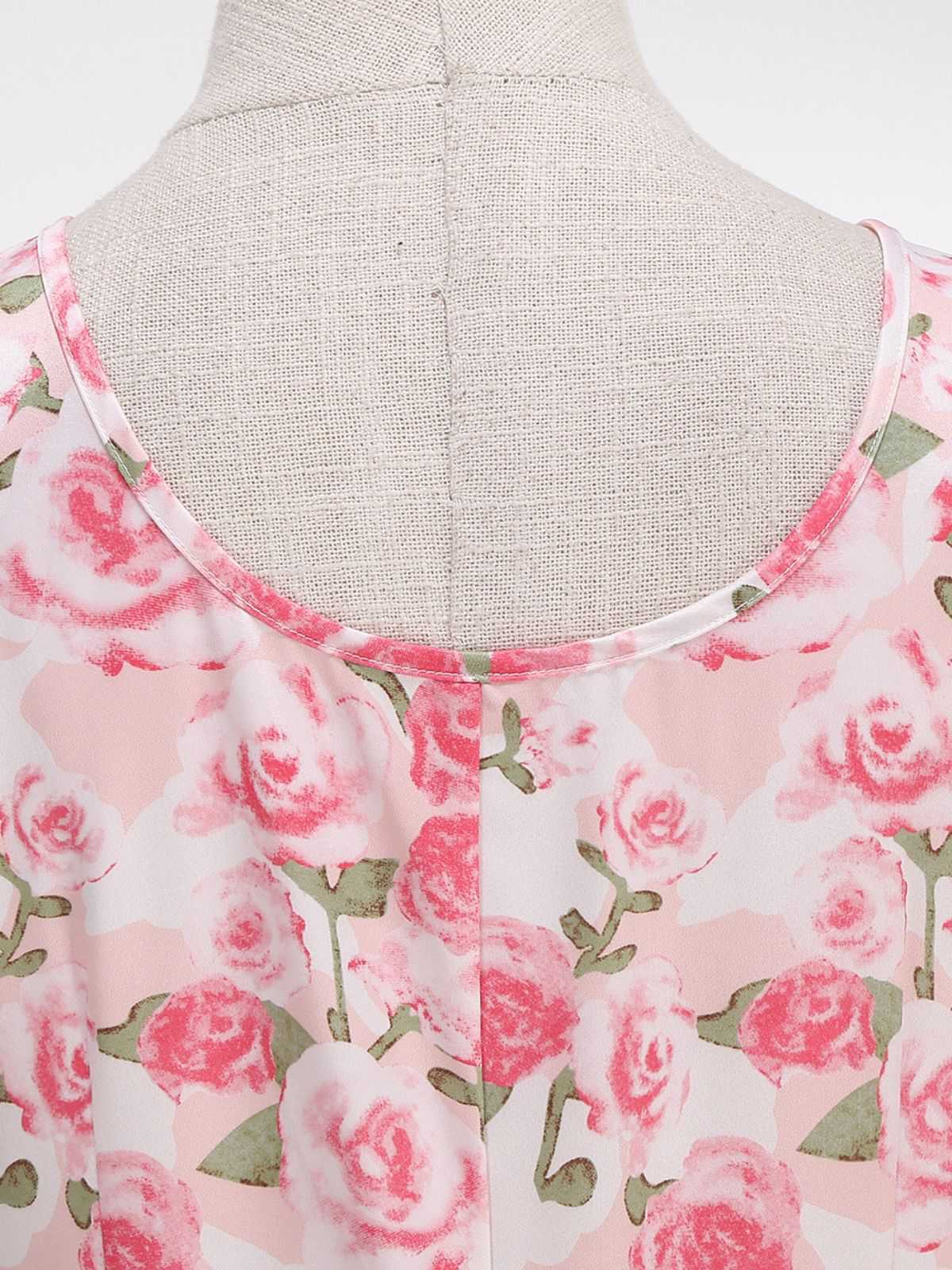 Pink 1950s Round Neck Roses Belted Dress - Image 5