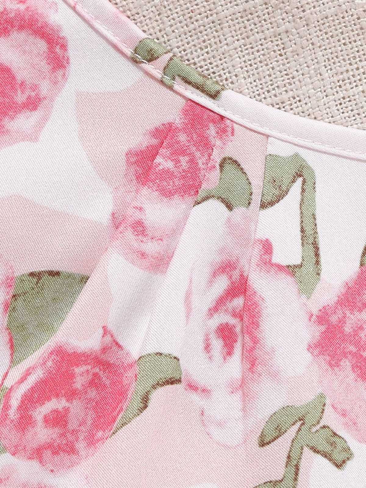 Pink 1950s Round Neck Roses Belted Dress - Image 6