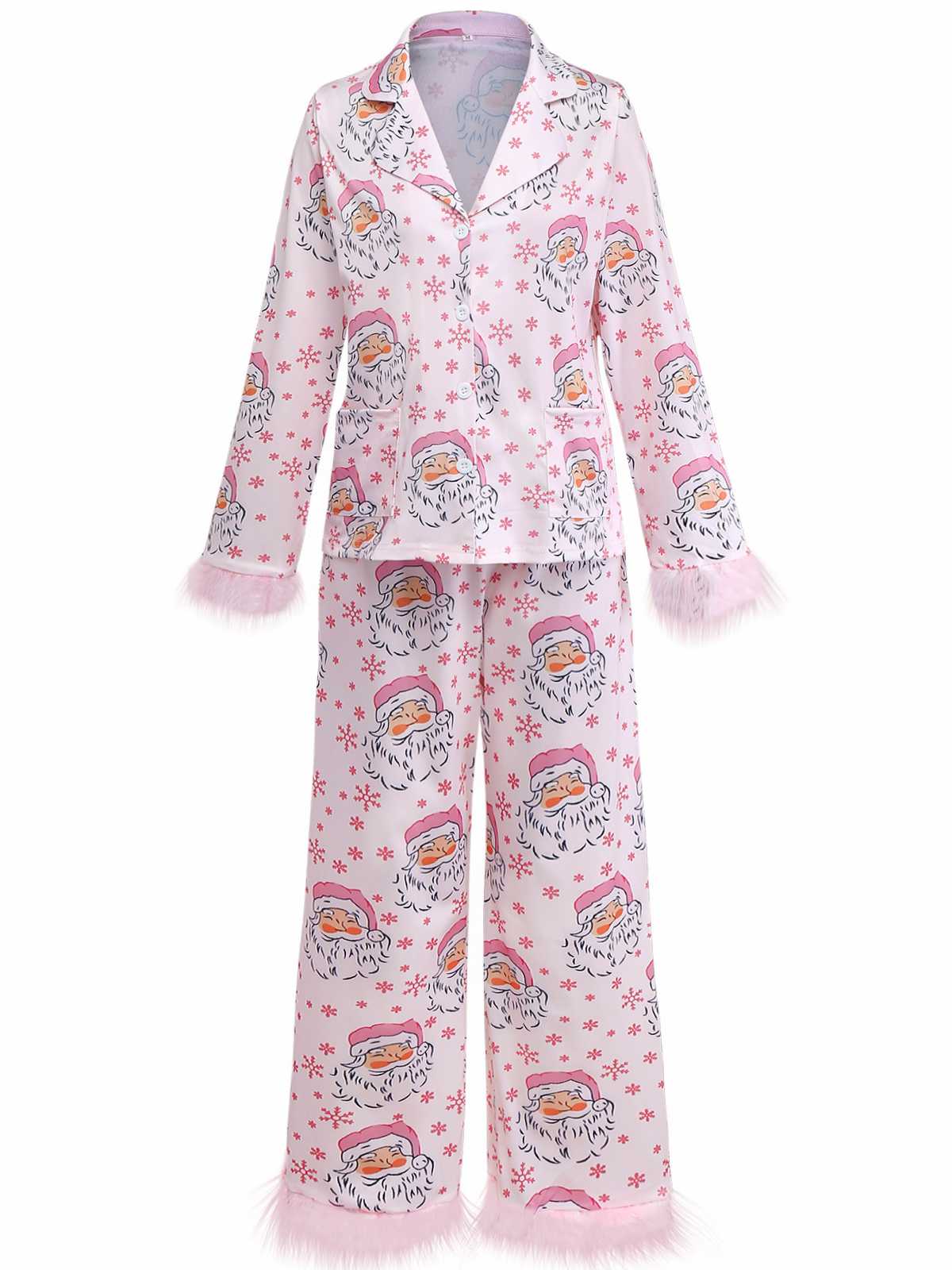 Pink 1950s Santa Print Fur Trim Pajama Set - Image 2