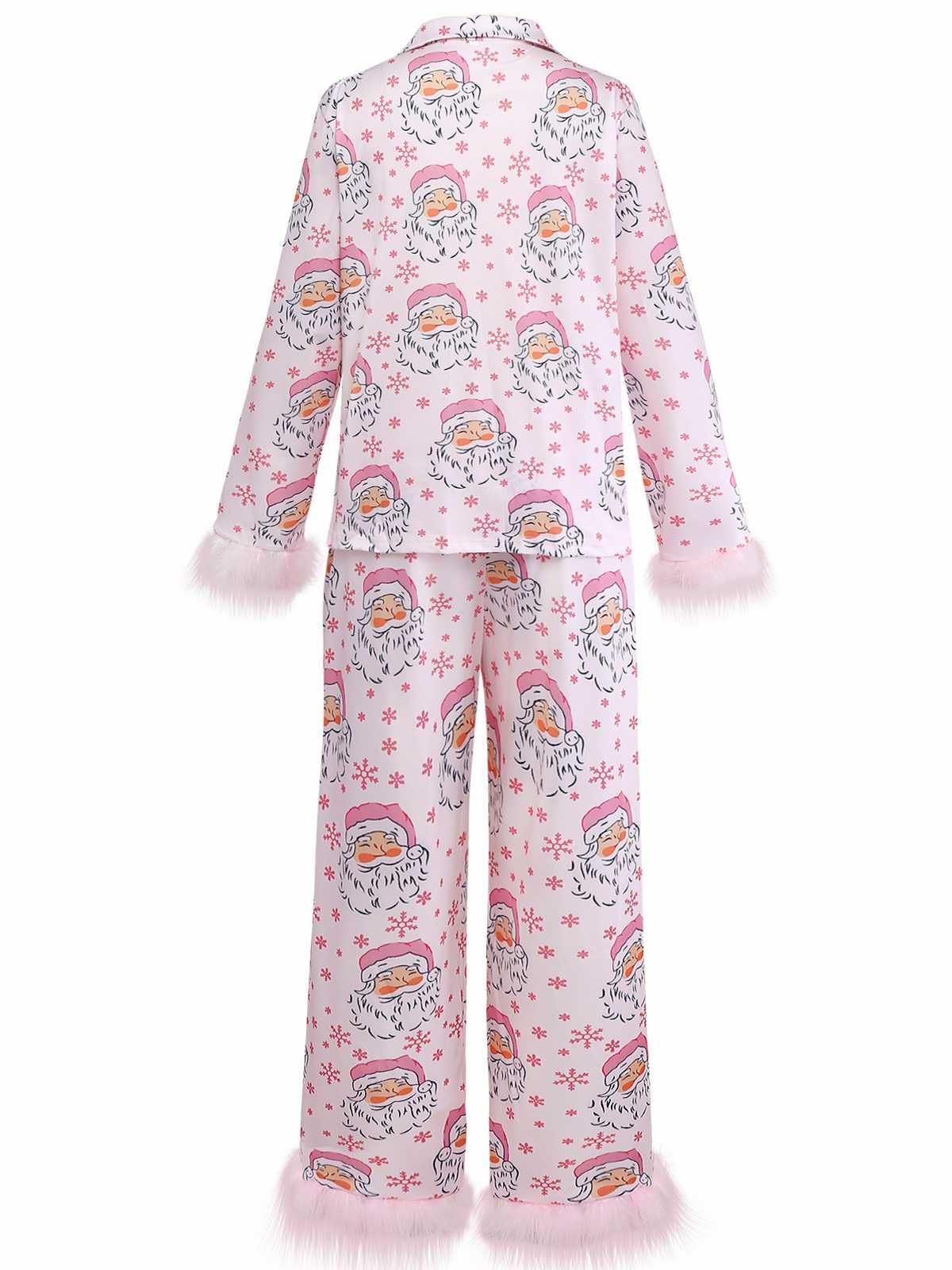 Pink 1950s Santa Print Fur Trim Pajama Set - Image 3