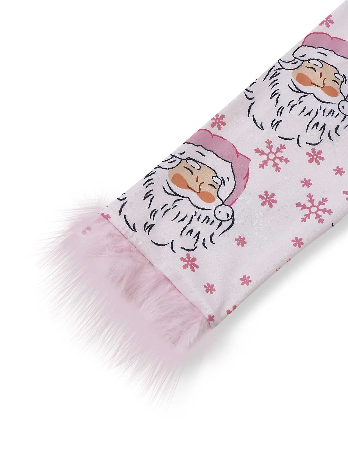 Pink 1950s Santa Print Fur Trim Pajama Set - Image 5