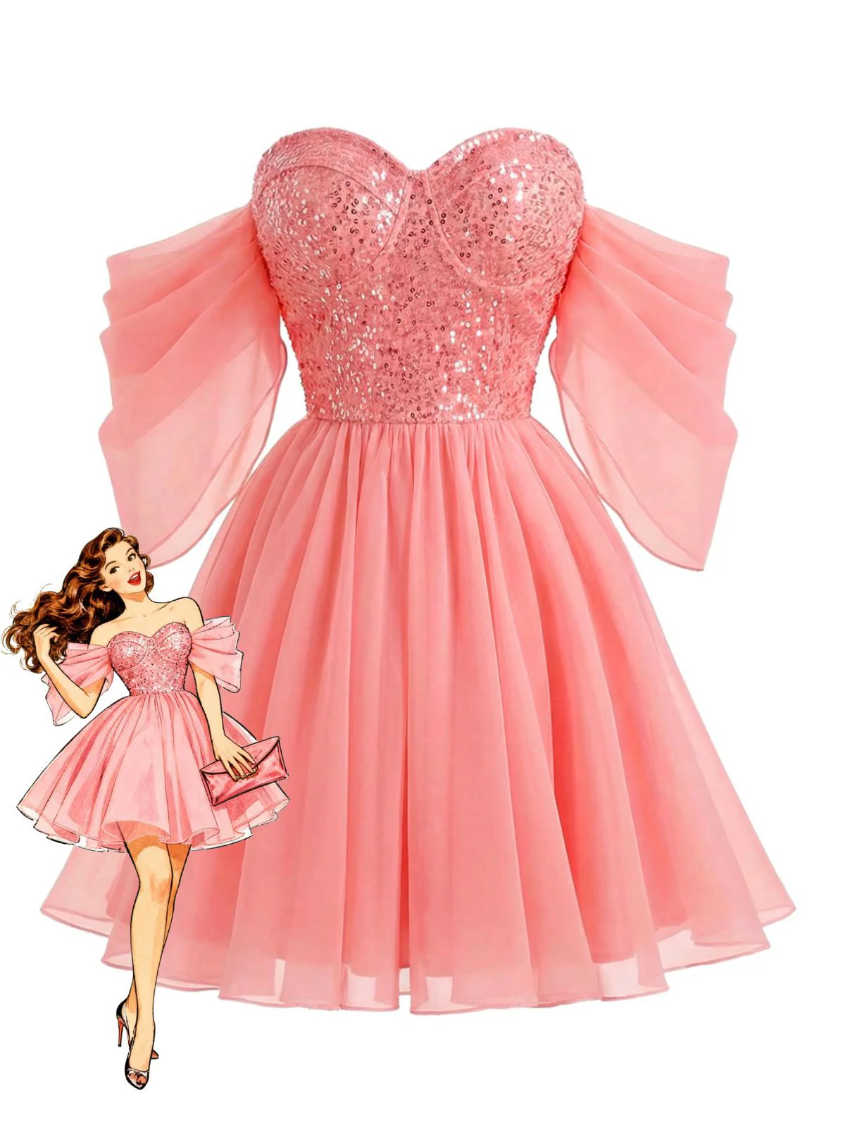 Pink 1950s Sequin Mesh Off-Shoulder Dress - Image 2