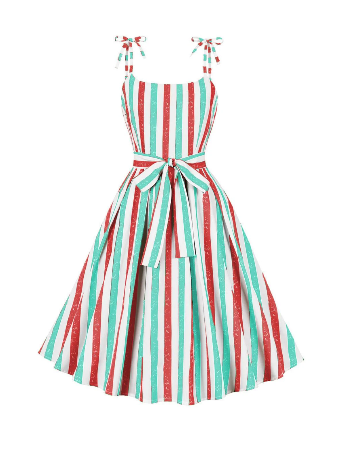 Pink 1950s Shoulder Tie Belted Stripes Dress - Image 4