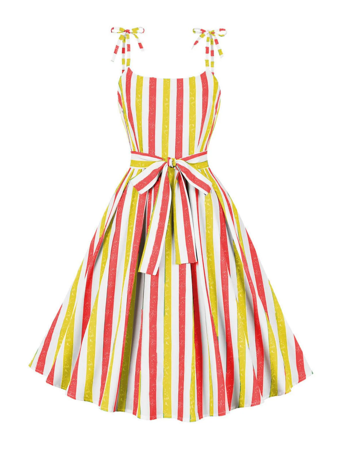 Pink 1950s Shoulder Tie Belted Stripes Dress - Image 8