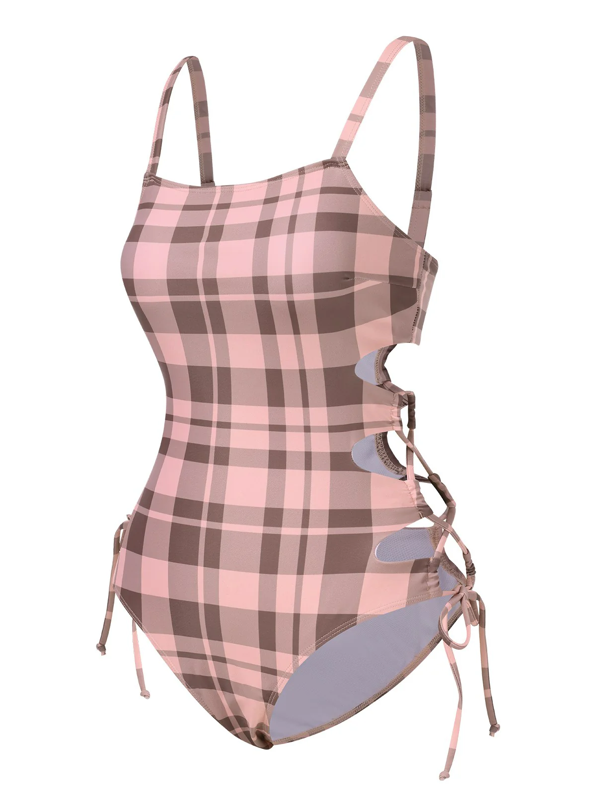 Pink 1950s Side Hollow Lace-Up Plaid Swimsuit - Image 2