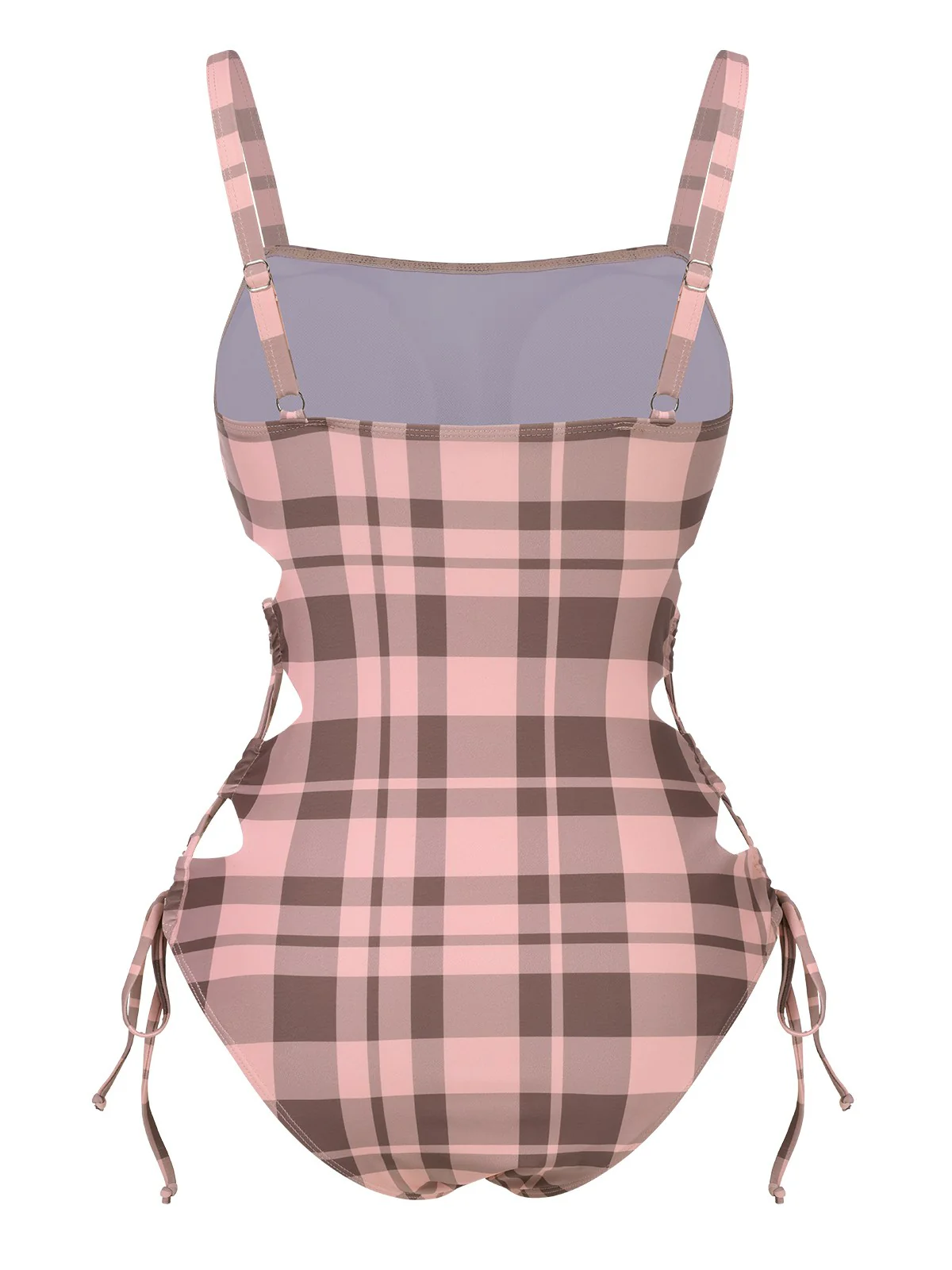 Pink 1950s Side Hollow Lace-Up Plaid Swimsuit - Image 3