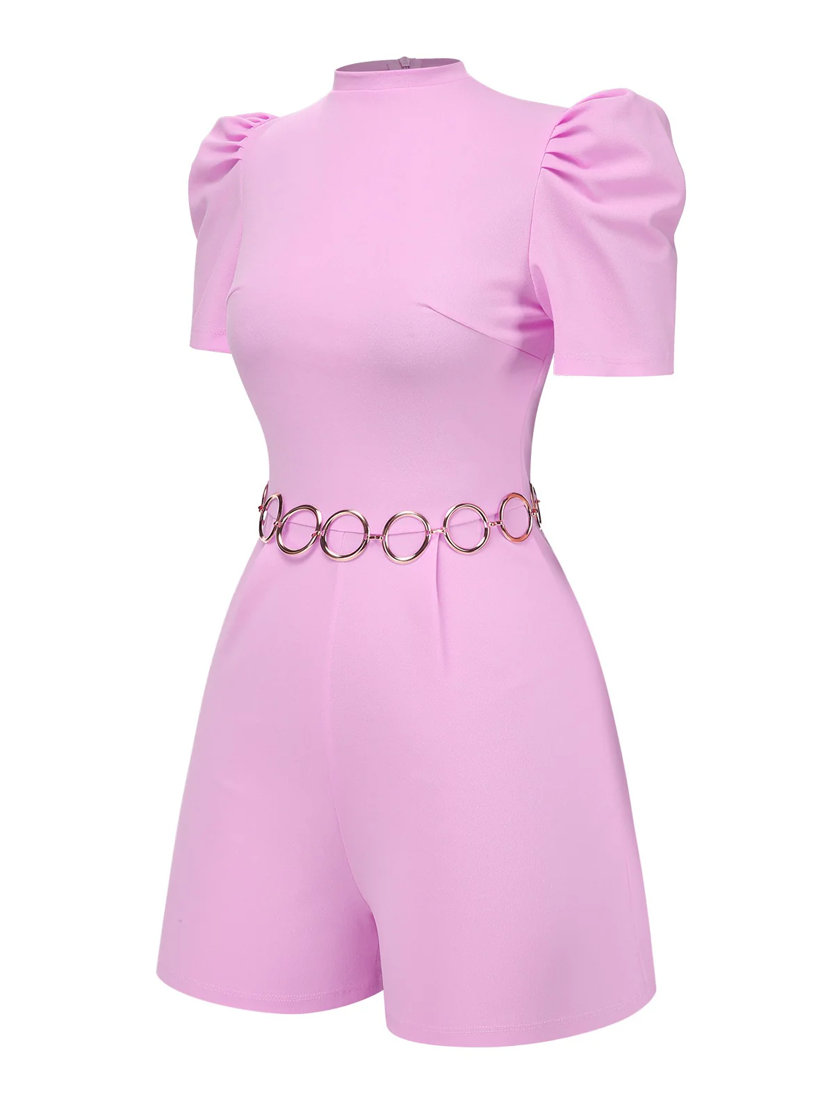 Pink 1950s Solid Puff Chain Belt Romper - Image 2