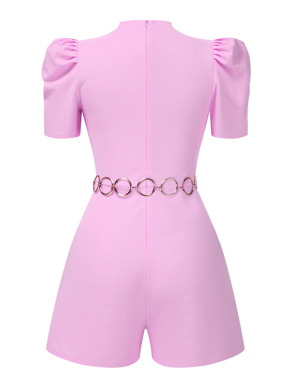 Pink 1950s Solid Puff Chain Belt Romper - Image 3