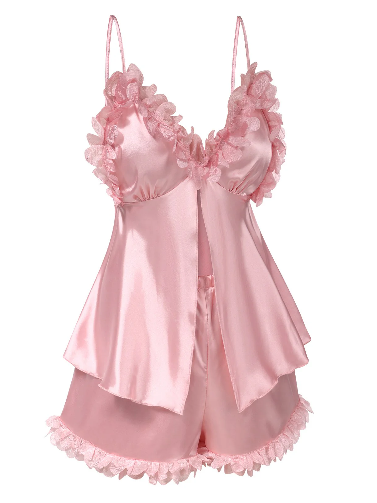 Pink 1950s Solid Satin V-Neck 3D Floral Pajama Set - Image 2