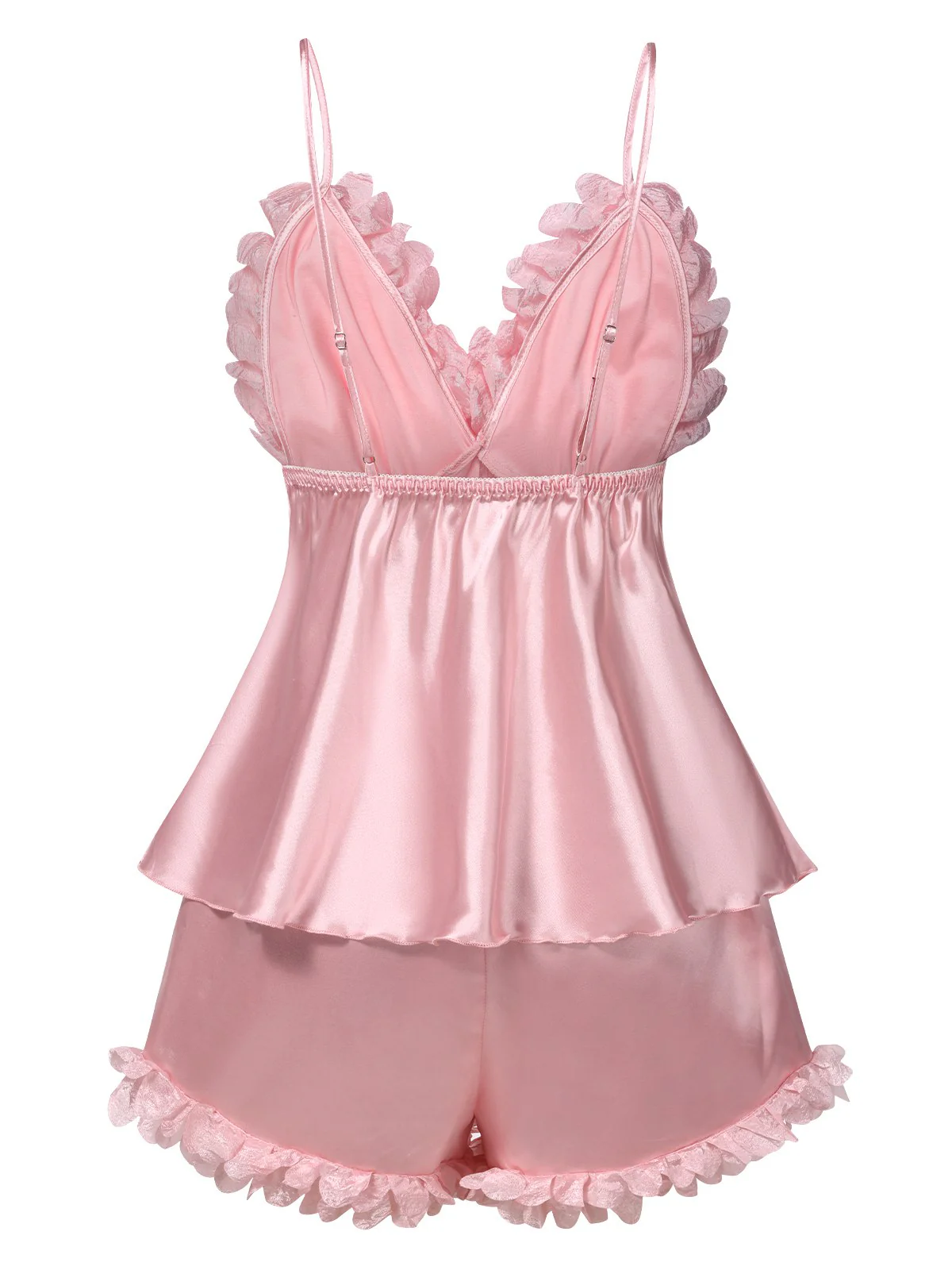 Pink 1950s Solid Satin V-Neck 3D Floral Pajama Set - Image 3