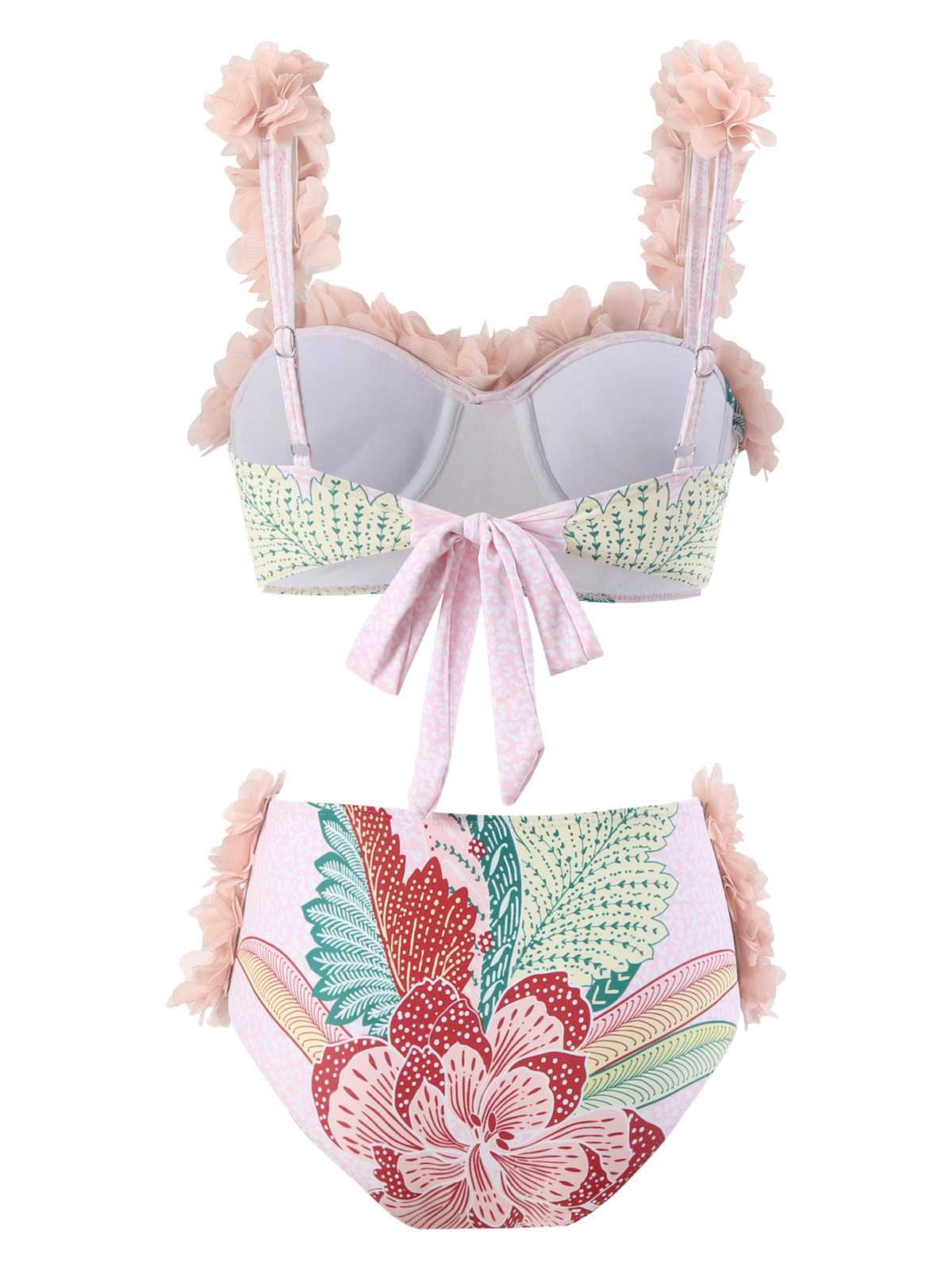 Pink 1950s Spaghetti Strap 3D Floral Swimsuit - Image 2