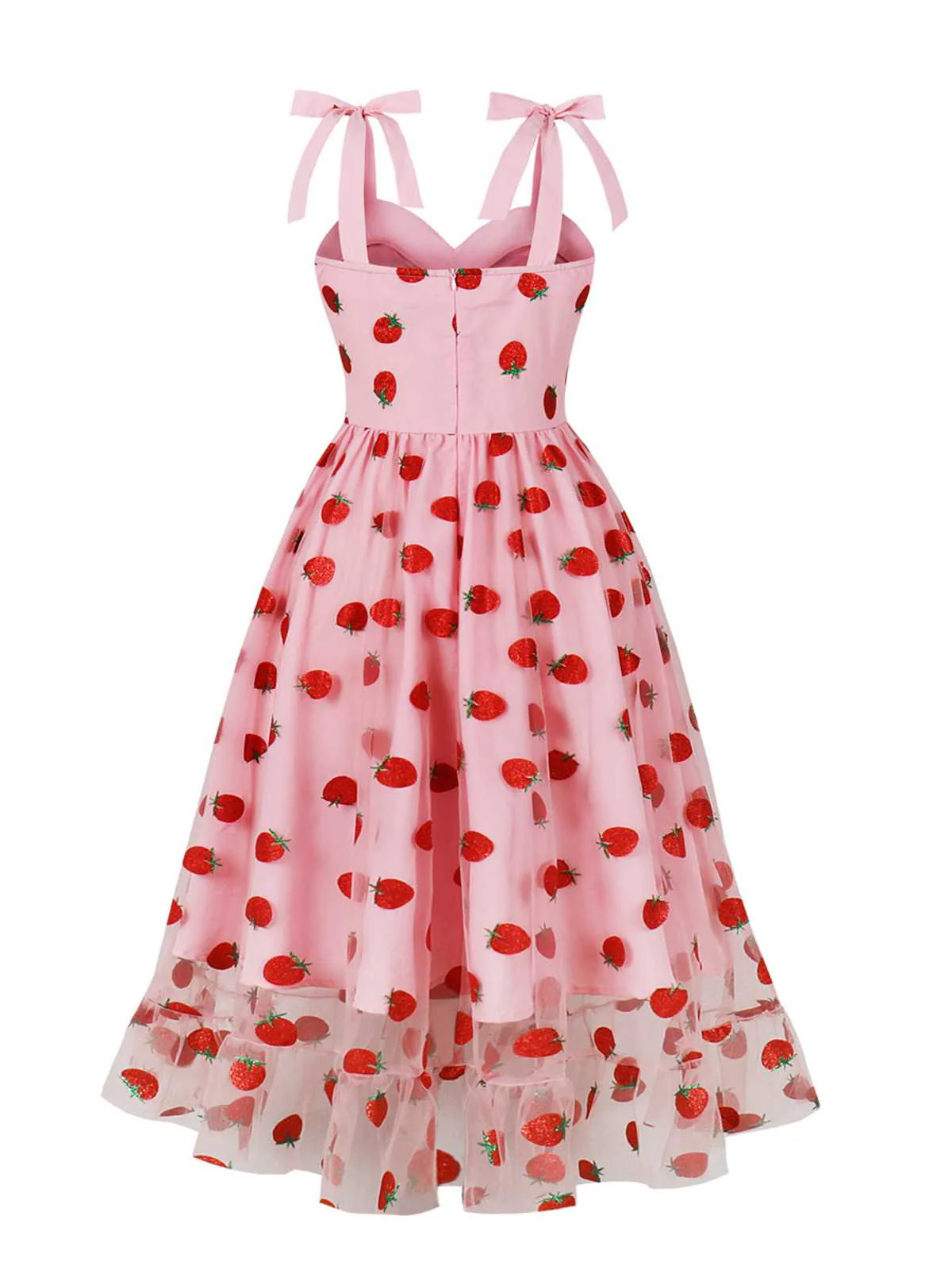 Pink 1950s Spaghetti Strap Bow Strawberry Dress - Image 2