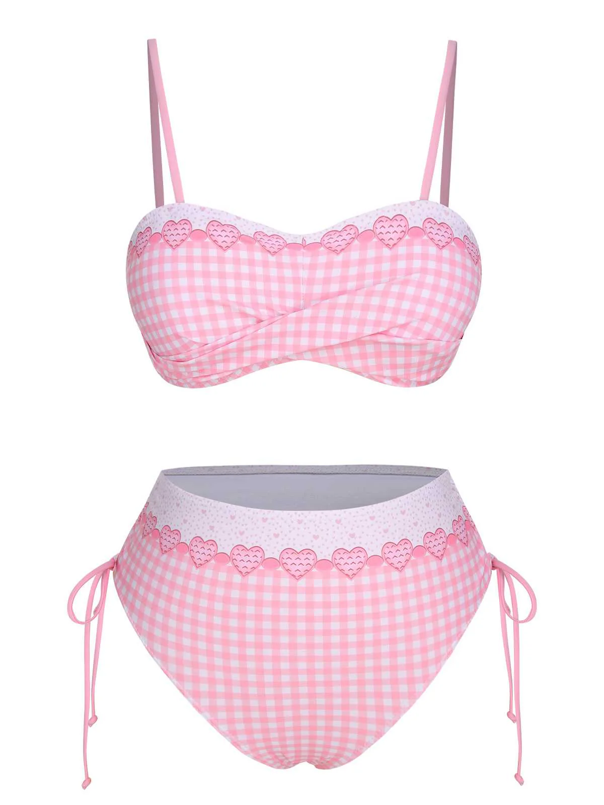 Pink 1950s Spaghetti Strap Heart Plaids Swimsuit - Image 2