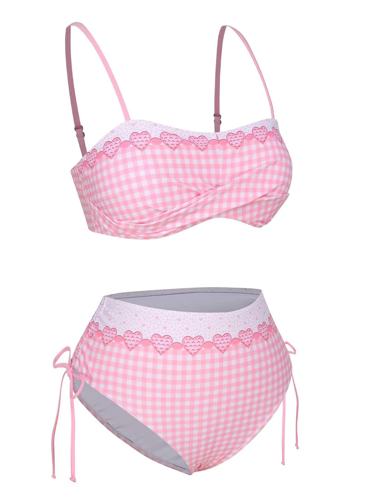 Pink 1950s Spaghetti Strap Heart Plaids Swimsuit - Image 3