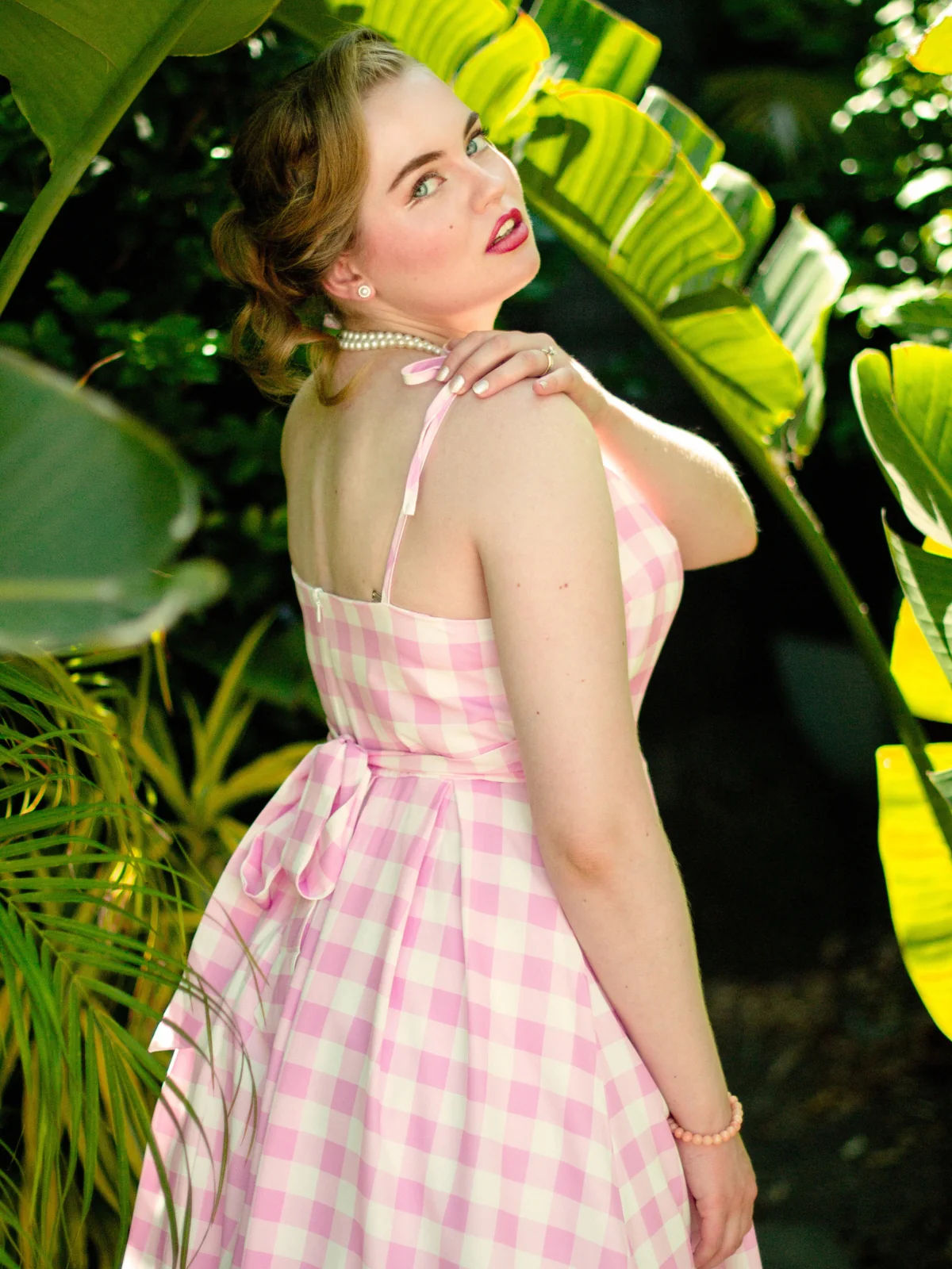 Pink 1950s Spaghetti Strap Plaid Swing Dress - Image 2