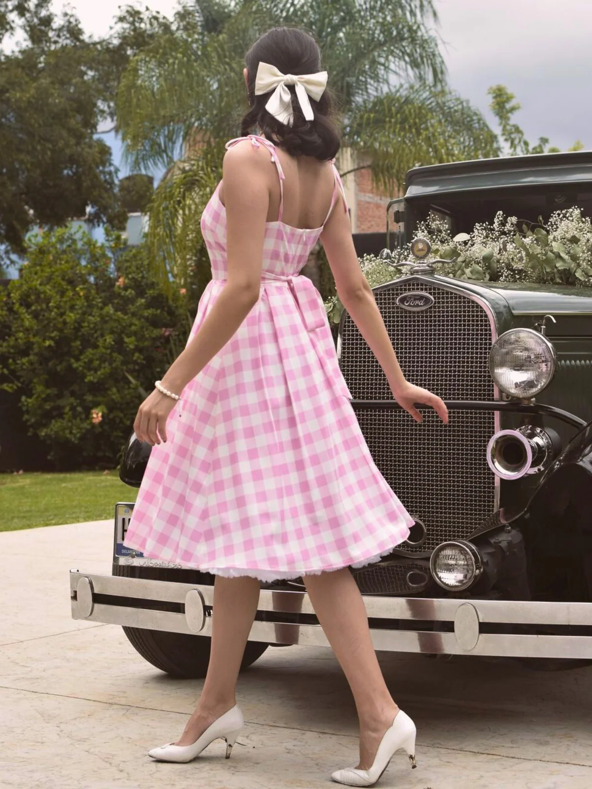 Pink 1950s Spaghetti Strap Plaid Swing Dress - Image 2