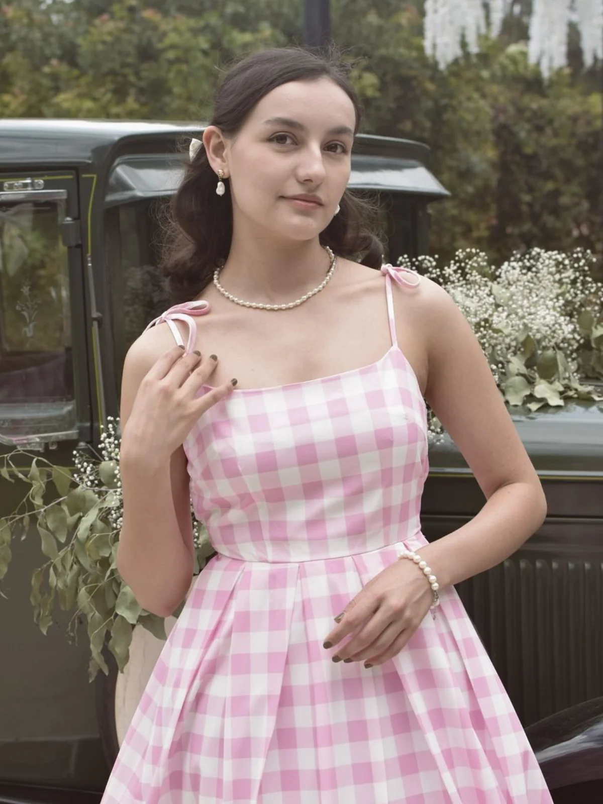 Pink 1950s Spaghetti Strap Plaid Swing Dress - Image 3