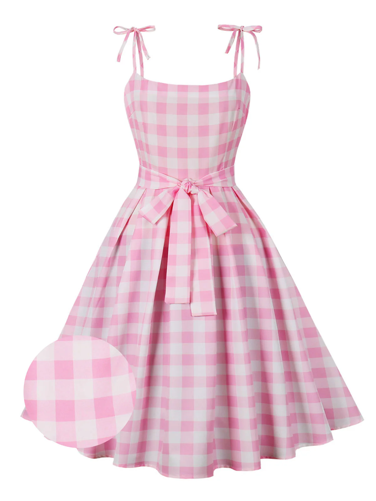 Pink 1950s Spaghetti Strap Plaid Swing Dress - Image 2