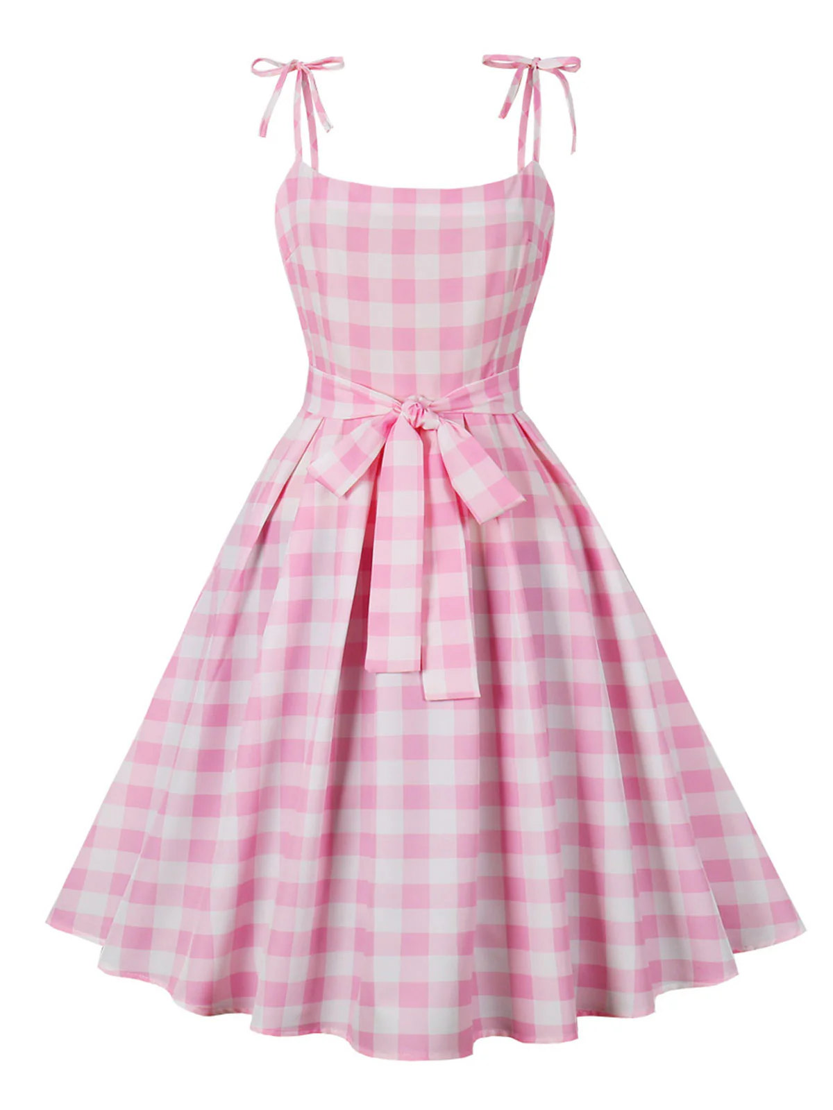 Pink 1950s Spaghetti Strap Plaid Swing Dress - Image 3