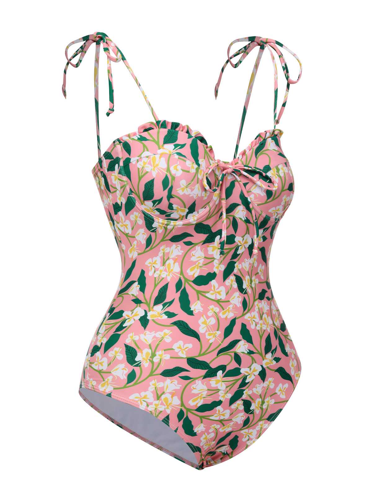 Pink 1950s Spaghetti Strap Plants Print Swimsuit - Image 2