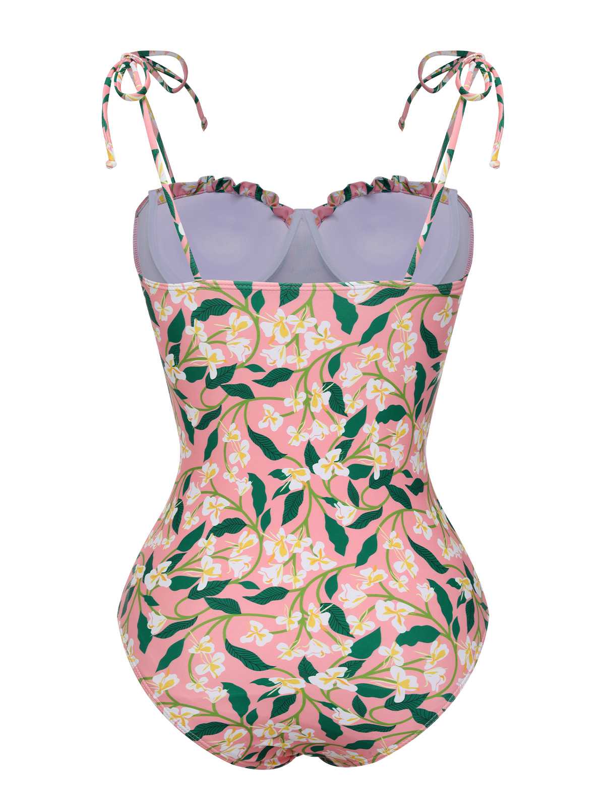 Pink 1950s Spaghetti Strap Plants Print Swimsuit - Image 3