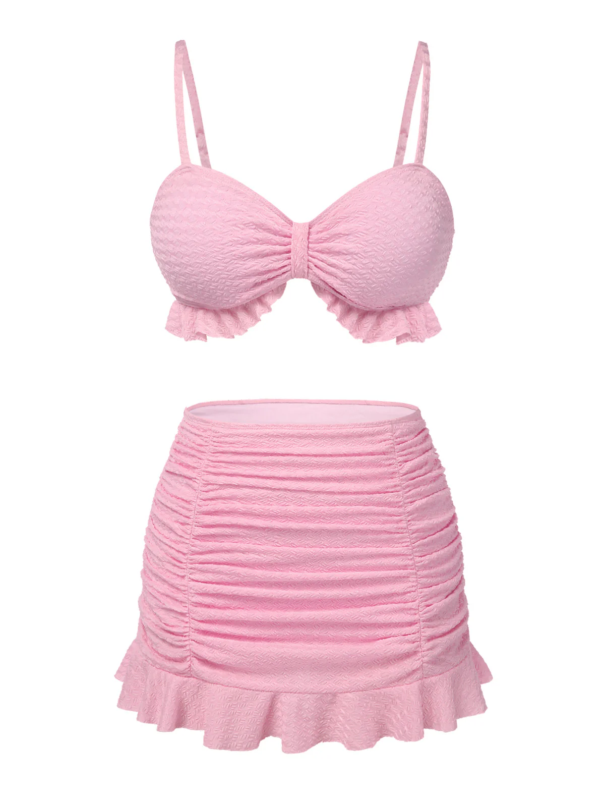 Pink 1950s Spaghetti Strap Ruffle Solid Swimsuit - Image 2