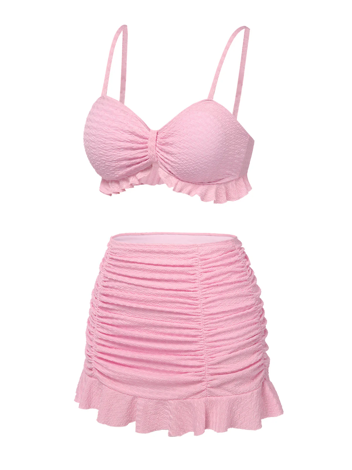 Pink 1950s Spaghetti Strap Ruffle Solid Swimsuit - Image 3
