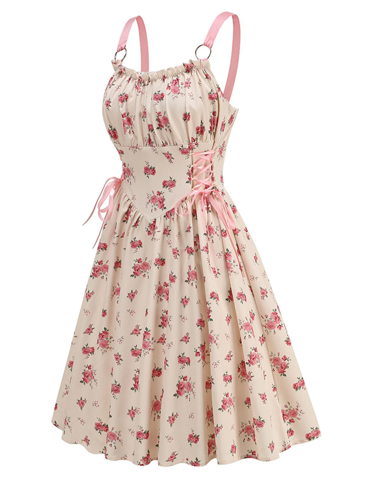 Pink 1950s Strap Ditsy Floral Lace-Up A-Line Dress - Image 2