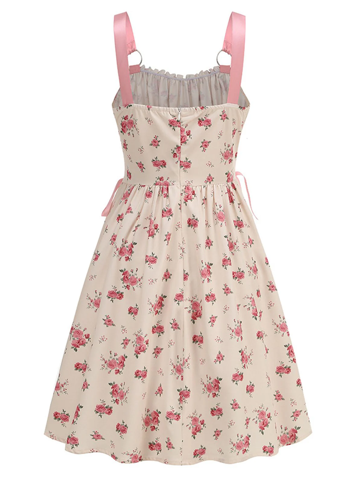 Pink 1950s Strap Ditsy Floral Lace-Up A-Line Dress - Image 3