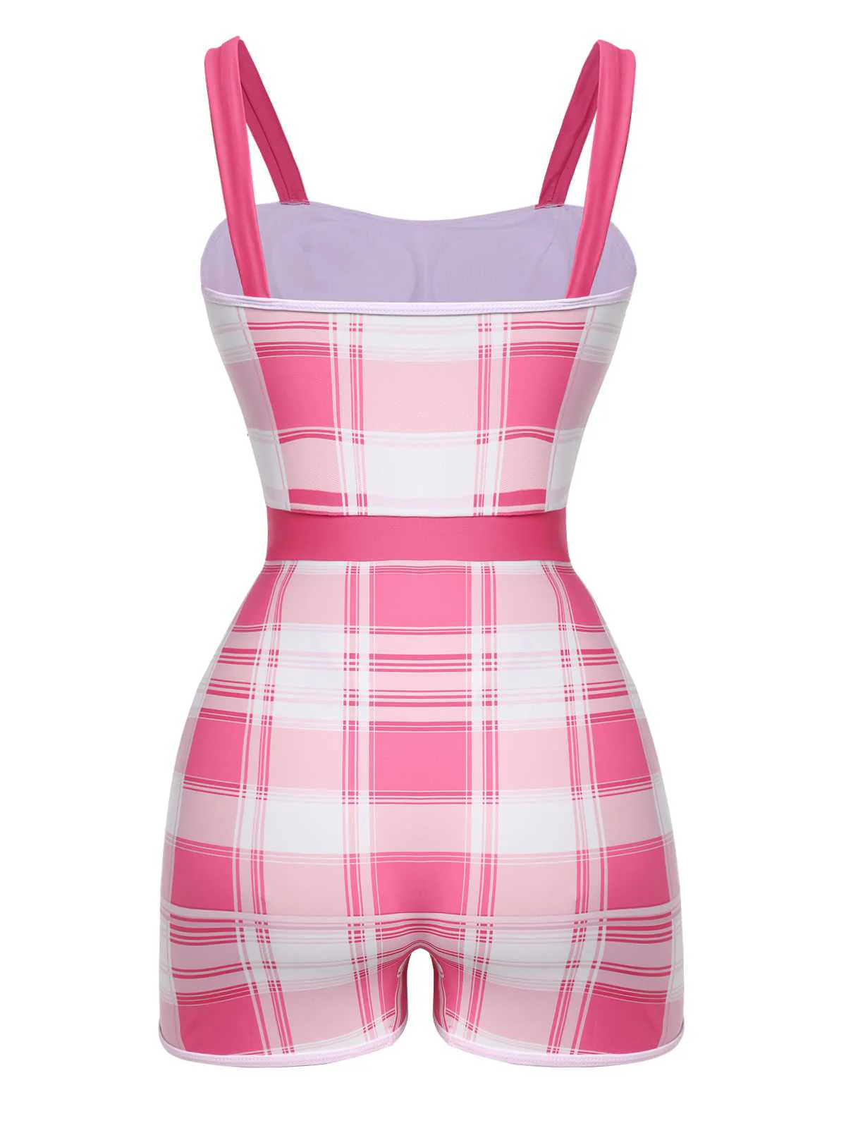 Pink 1950s Strap Plaids Bow One-Piece Swimsuit - Image 2