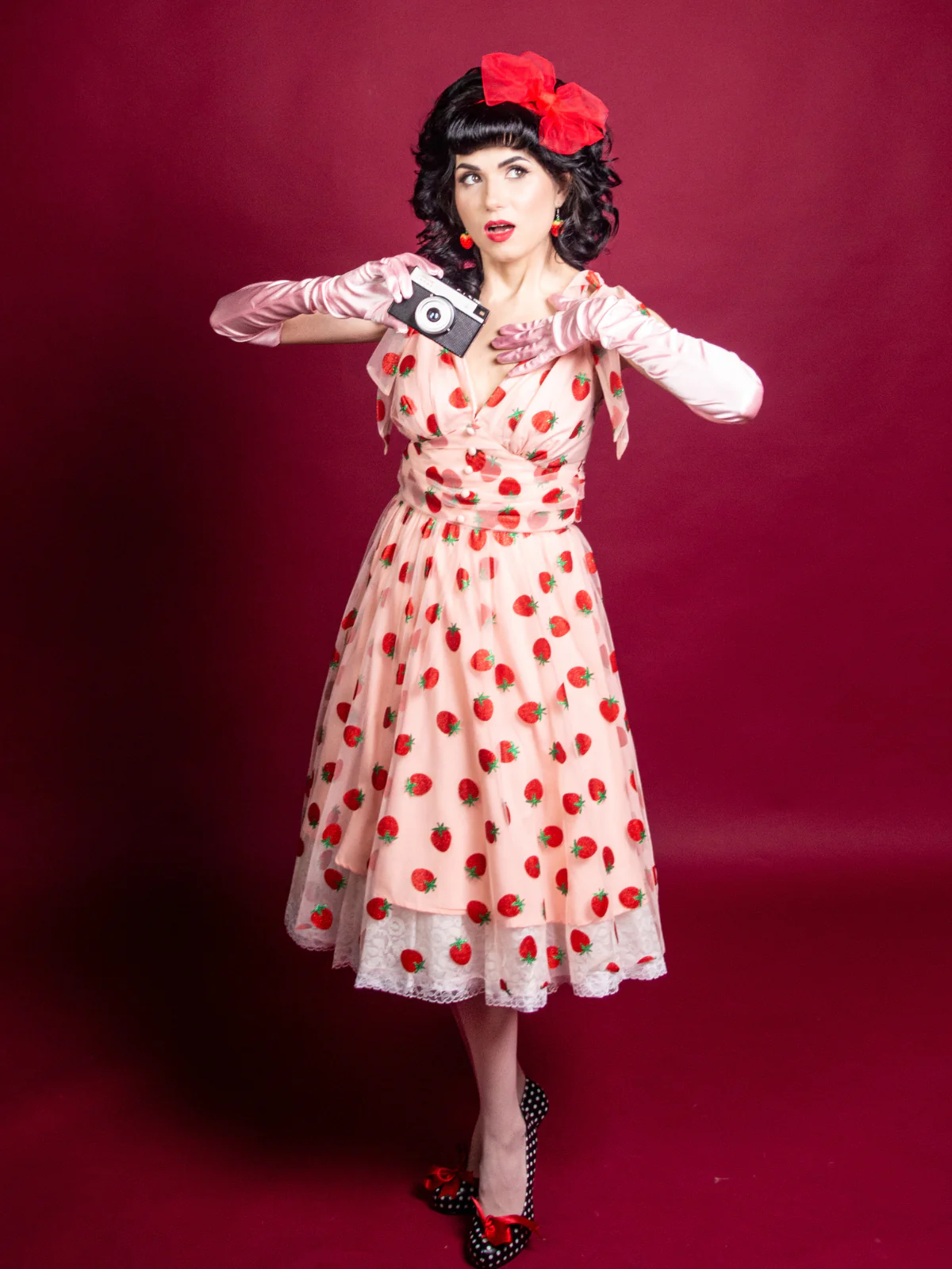 Pink 1950s Strawberry Mesh Swing Dress - Image 2