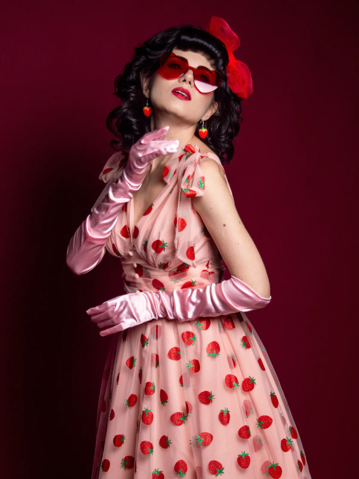 Pink 1950s Strawberry Mesh Swing Dress - Image 3