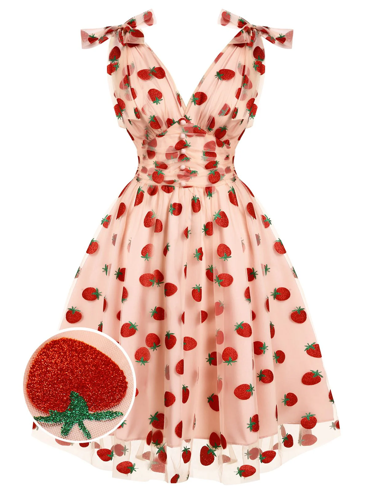 Pink 1950s Strawberry Mesh Swing Dress - Image 2
