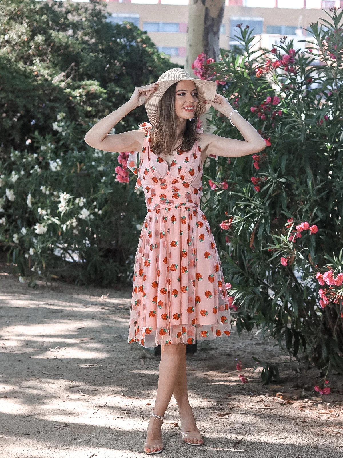 Pink 1950s Strawberry Mesh Swing Dress - Image 4