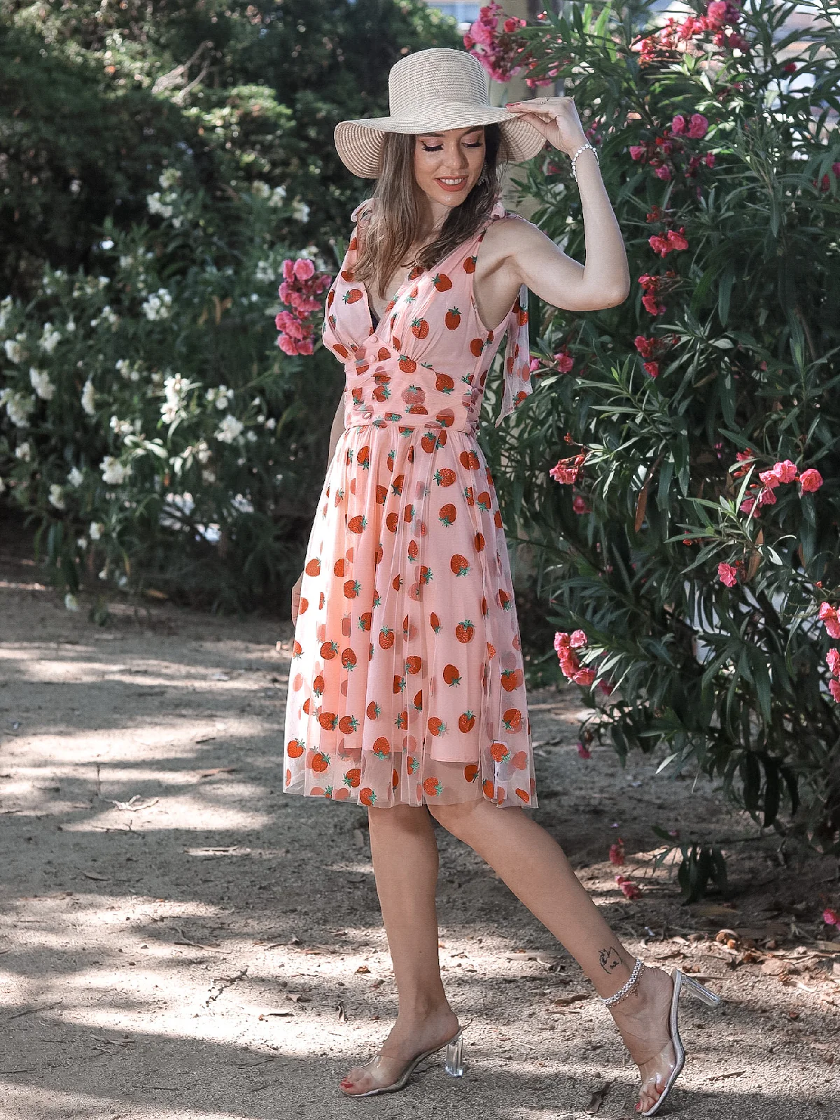 Pink 1950s Strawberry Mesh Swing Dress - Image 5