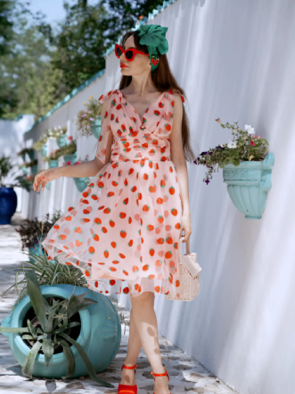 Pink 1950s Strawberry Mesh Swing Dress - Image 6