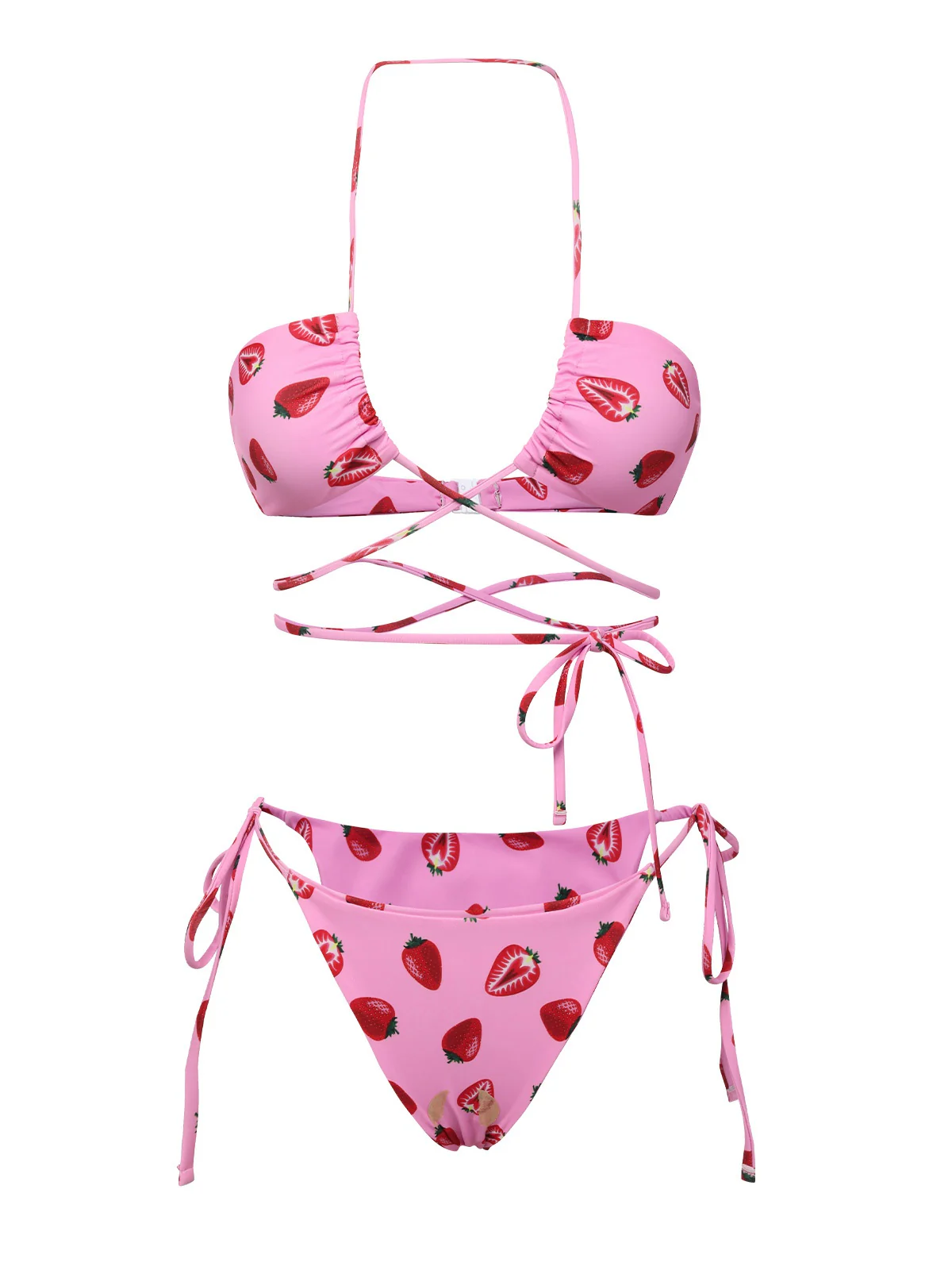 Pink 1950s Strawberry Waist Tie Halter Bikini Set - Image 2