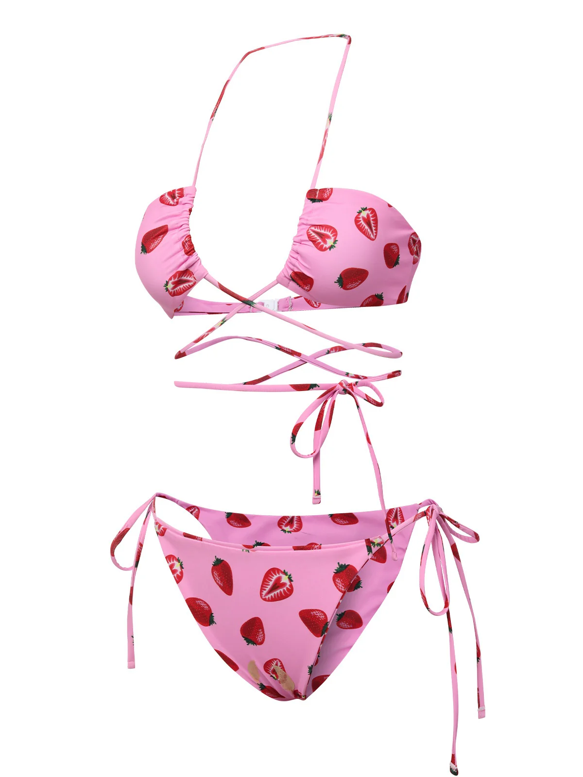 Pink 1950s Strawberry Waist Tie Halter Bikini Set - Image 3