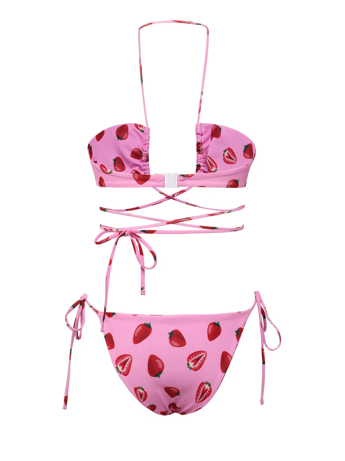 Pink 1950s Strawberry Waist Tie Halter Bikini Set - Image 4