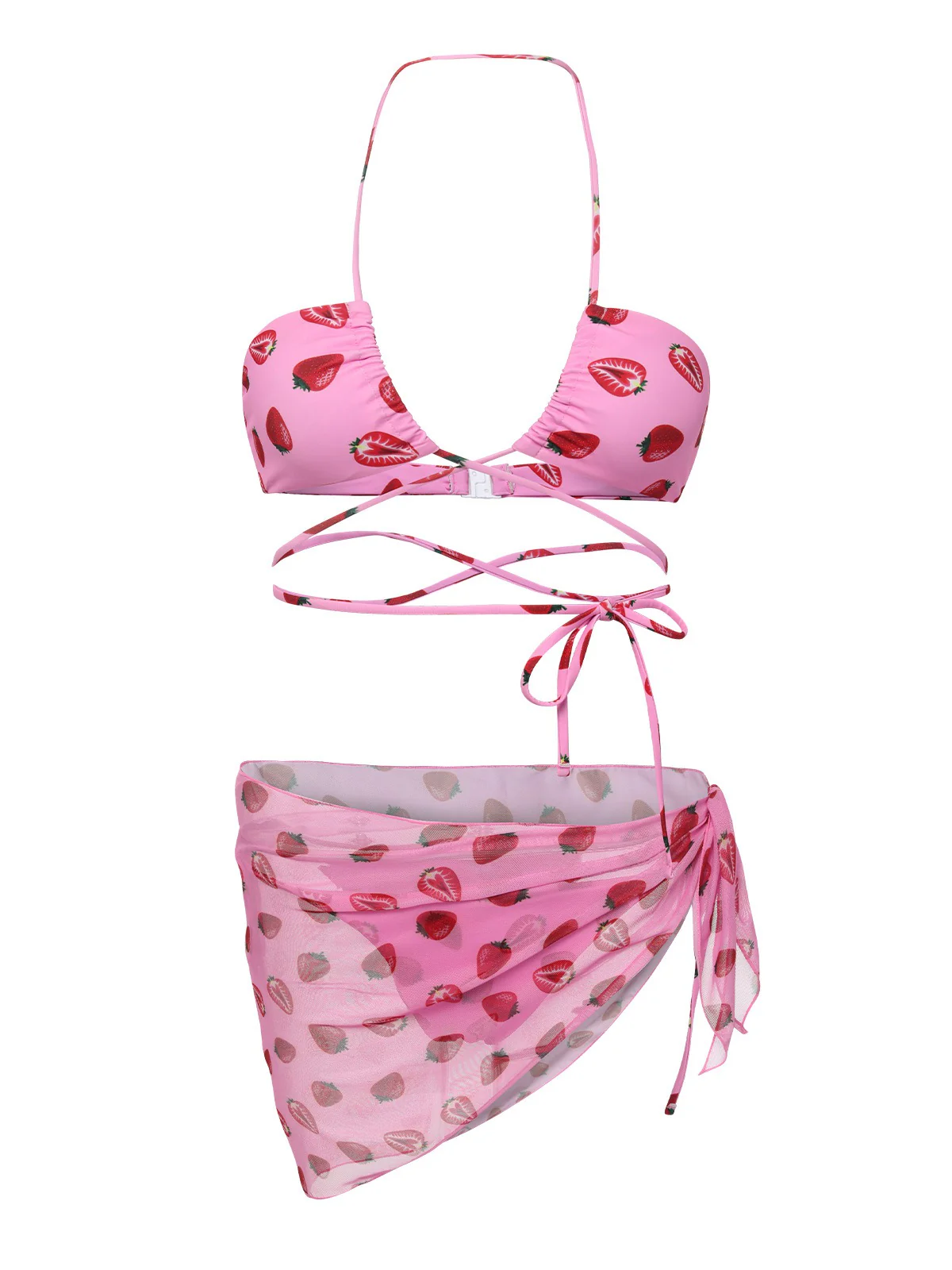 Pink 1950s Strawberry Waist Tie Halter Bikini Set - Image 5