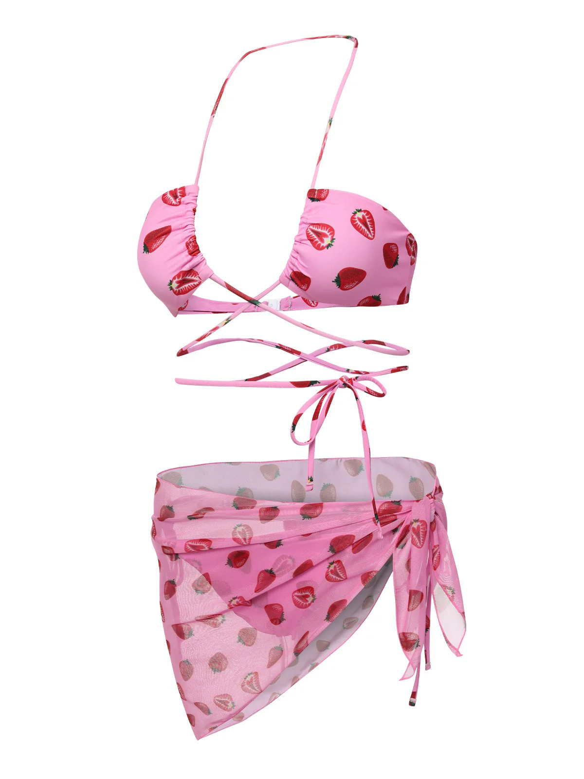 Pink 1950s Strawberry Waist Tie Halter Bikini Set - Image 6