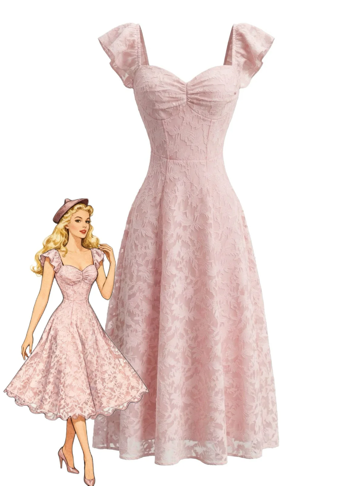 Pink 1950s Sweetheart Jacquard Lace Ruffle Sleeve Dress