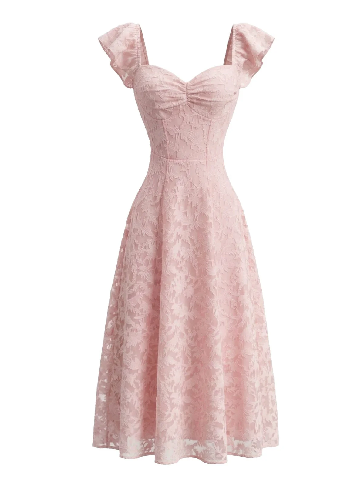 Pink 1950s Sweetheart Jacquard Lace Ruffle Sleeve Dress - Image 2